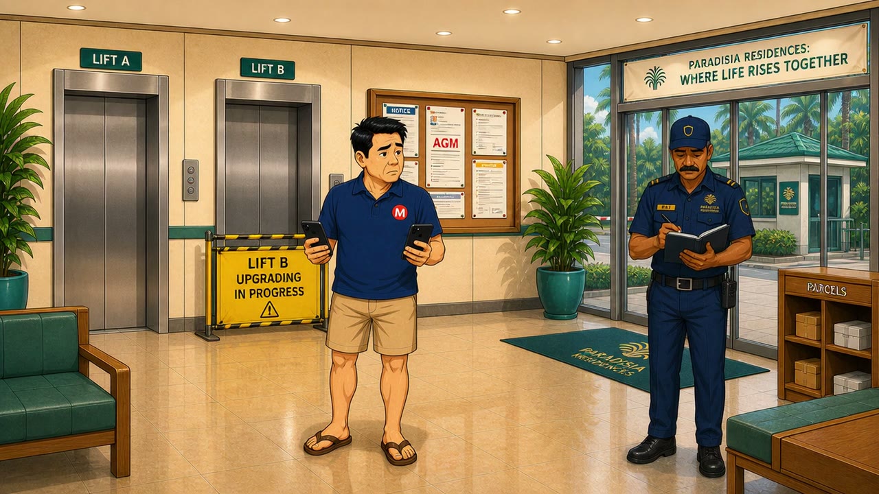 Mr Mai stands in the Paradisia lift lobby facing the yellow “Lift B — Upgrading in Progress” barrier while Raj takes notes near the entrance.