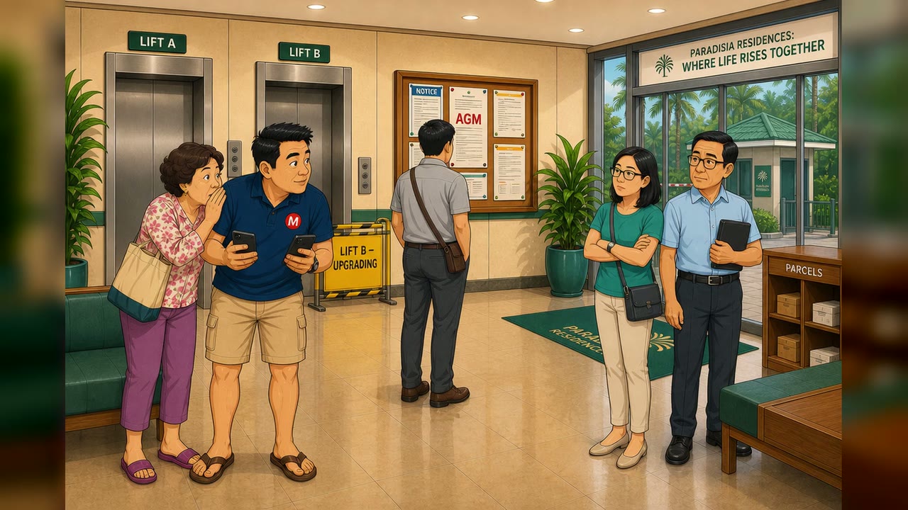 Auntie Lucy leans in to share news with Mr Mai beside the notice board in the Paradisia lift lobby.