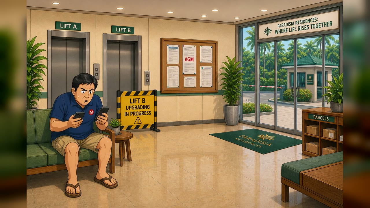 Mr Mai sits hunched over his phone on a lobby bench near the Lift B upgrading barrier, deep in speculation.