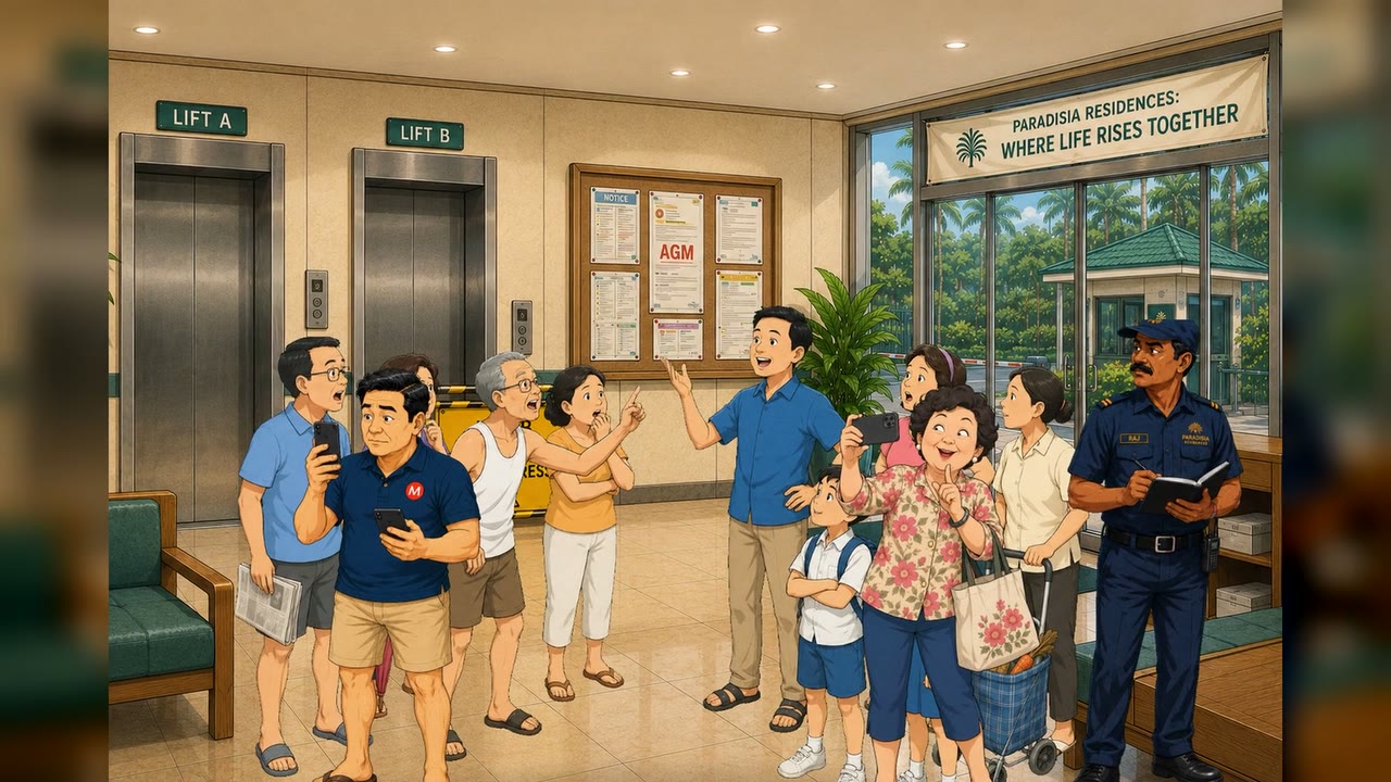 A crowd of Paradisia residents fills the lift lobby in heated debate while Raj observes from the side.