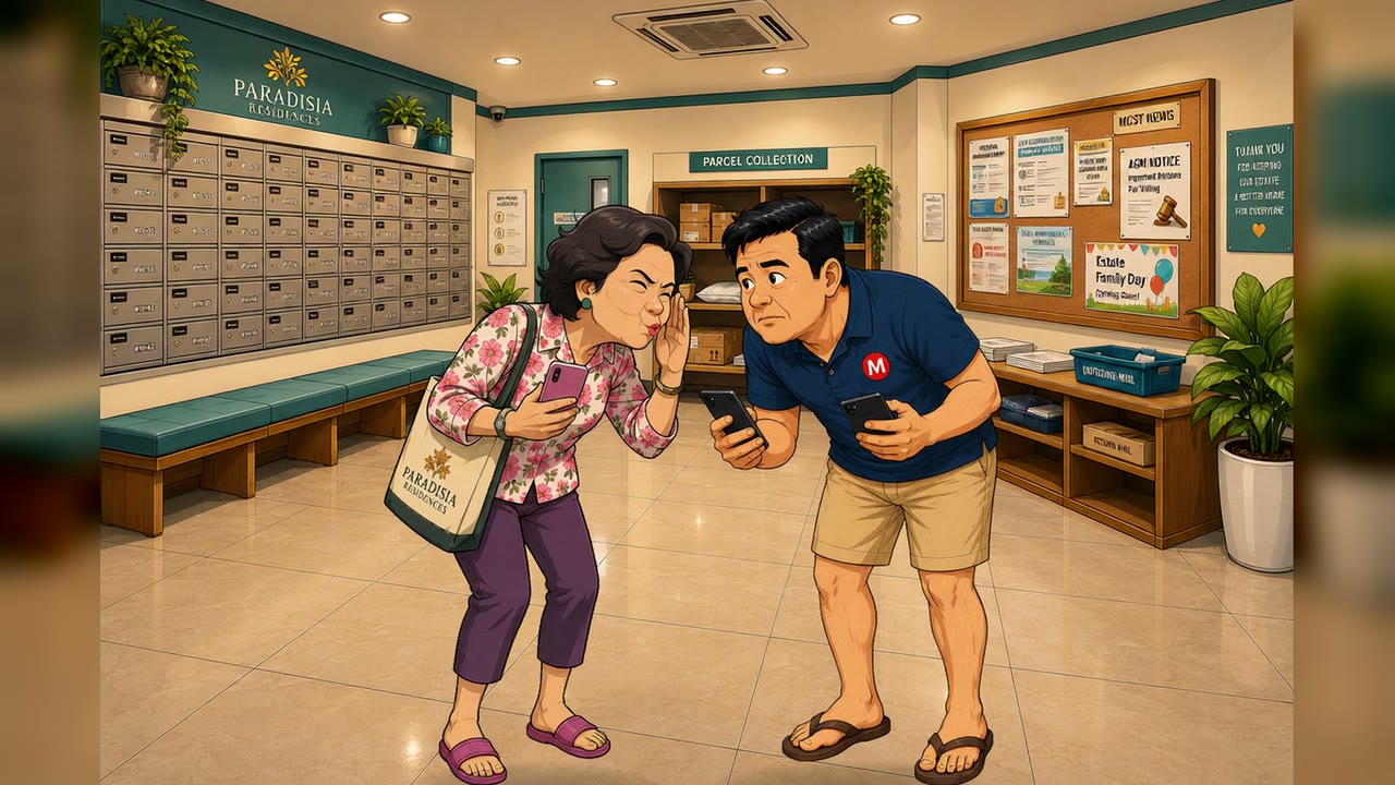 Auntie Lucy whispers behind her hand to a worried Mr Mai in the Paradisia mailroom.