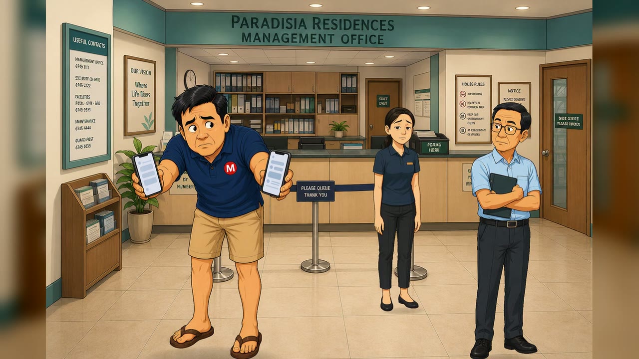 Mr Mai holds up his phone as evidence at the Paradisia management office counter.