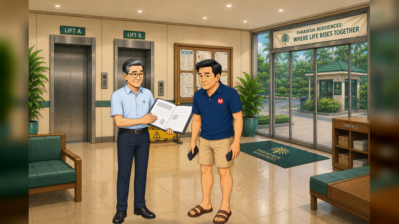 Chairman Wong explains an open folder of documents to Mr Mai in the lift lobby.