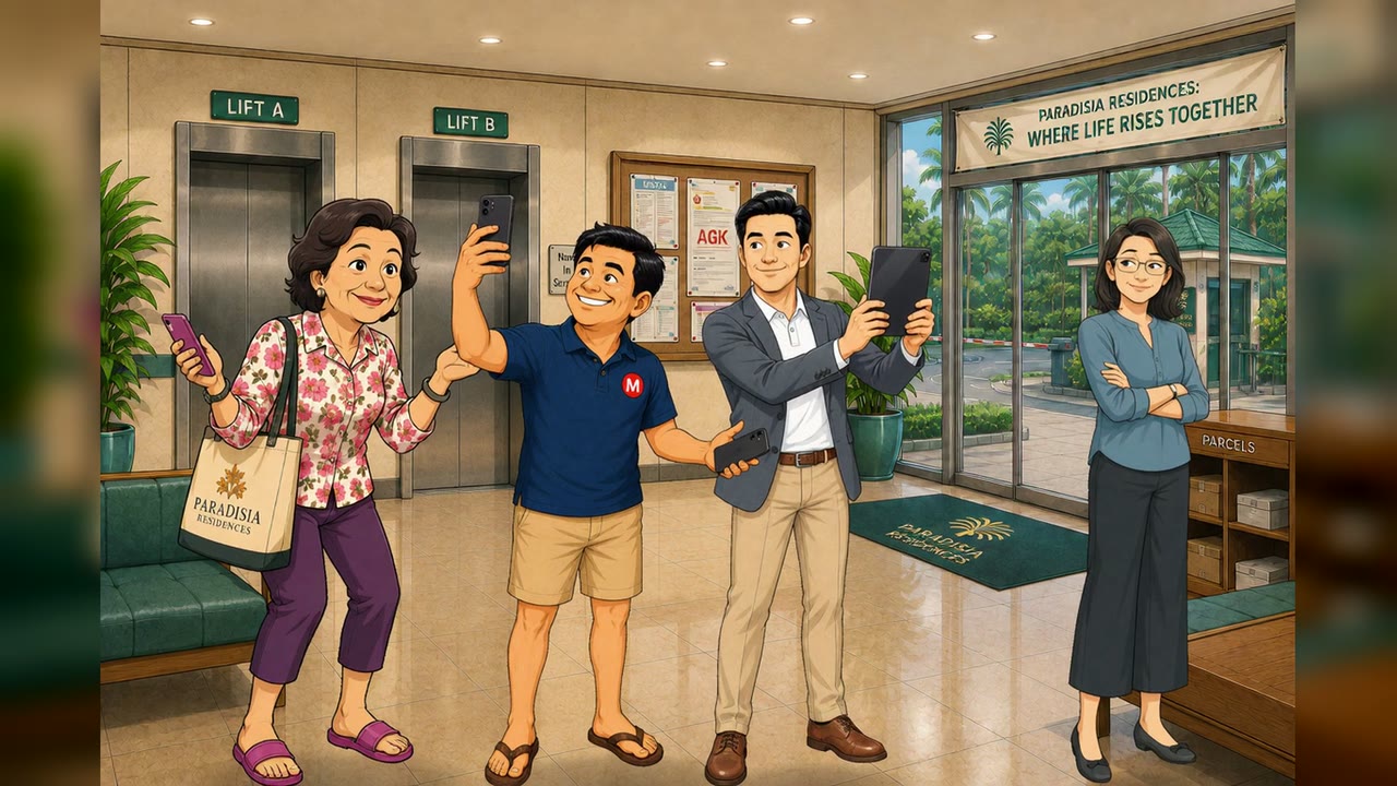 Residents celebrate and take photos in front of the reopened Lift B in the Paradisia lobby.